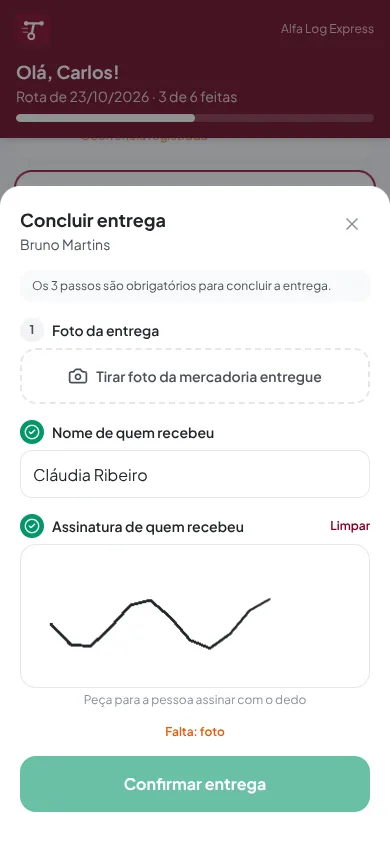 Registro de foto, nome e assinatura da entrega