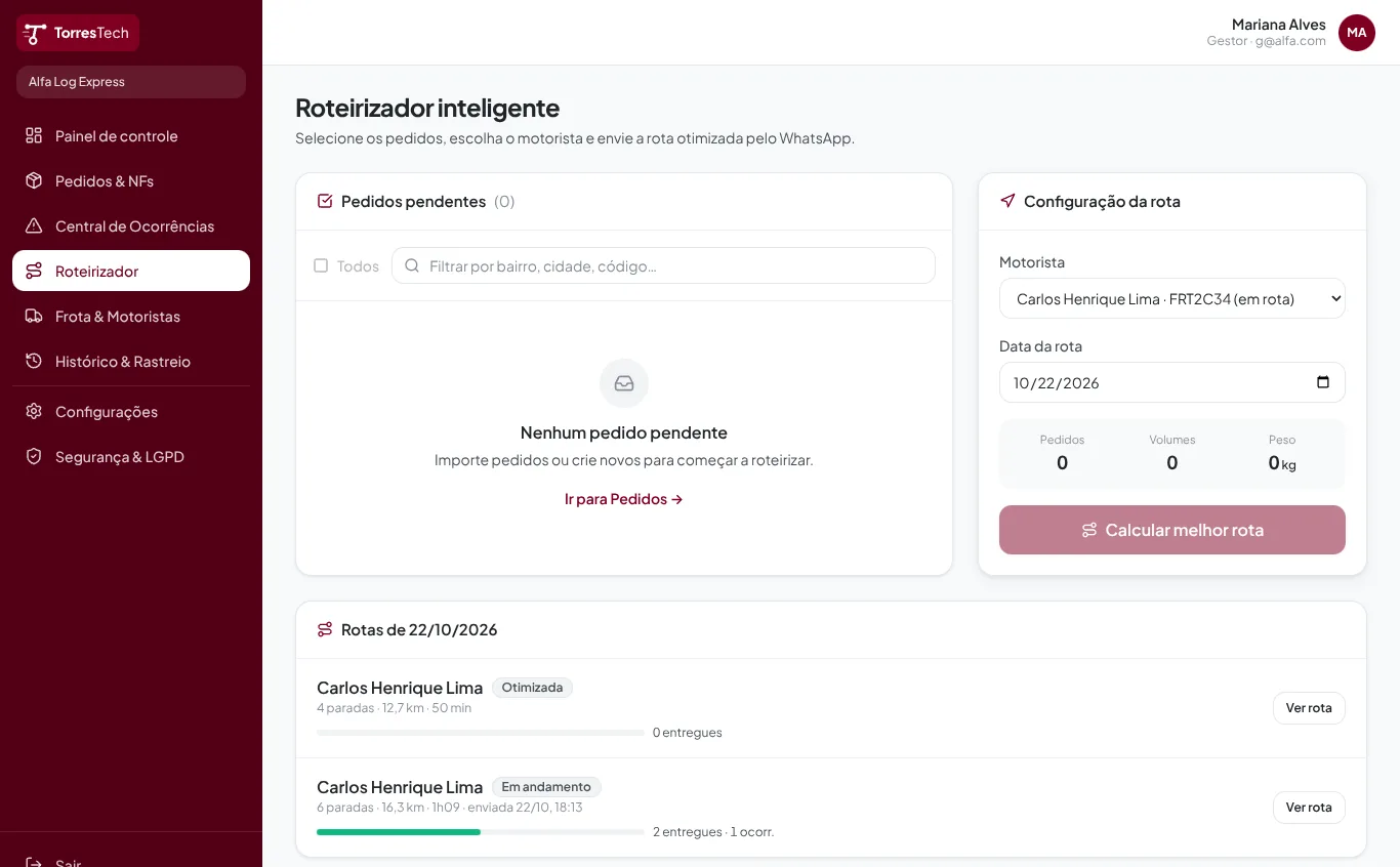 Roteirizador com as rotas do dia